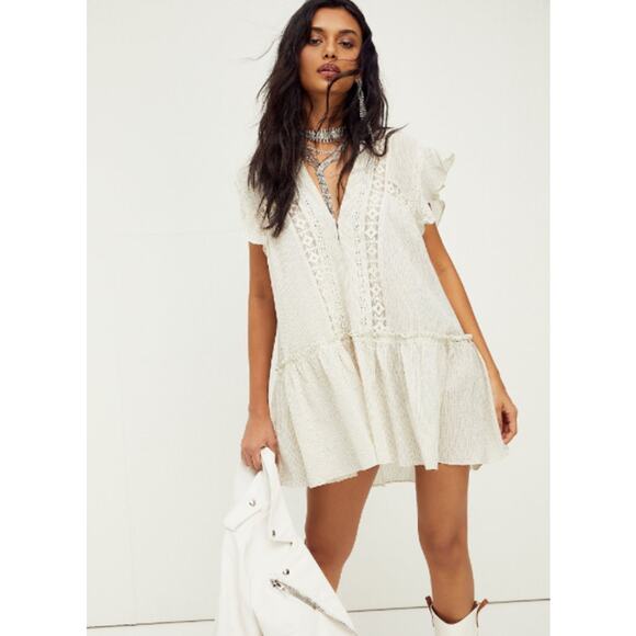 New FREE PEOPLE  Baby Blues Tunic $128 SMALL Ivory Semi-Sheer Mini Cotton - Picture 1 of 9